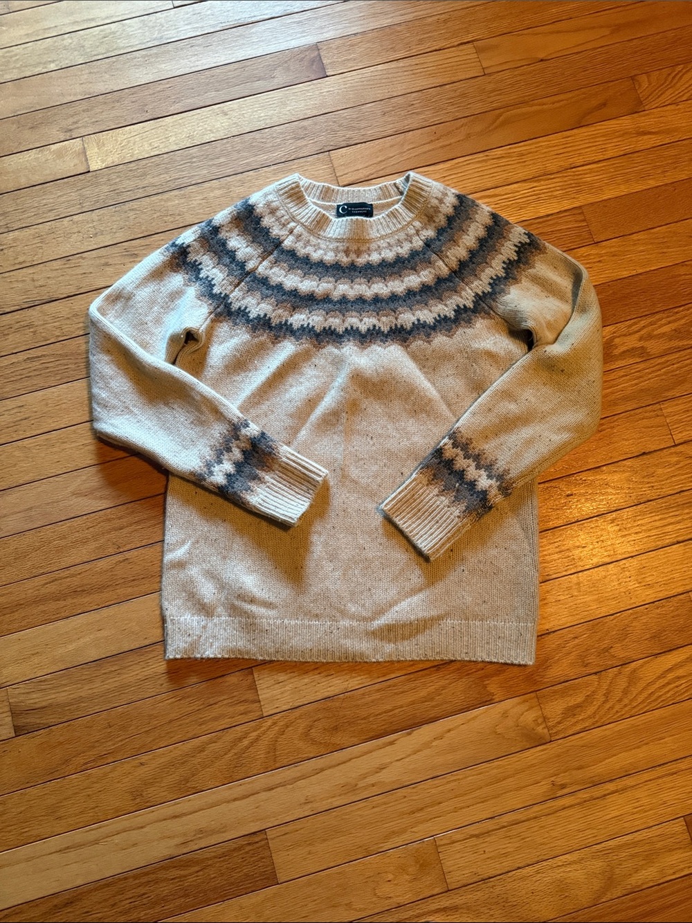 Bloomingdale's Cream Nordic Yoke Crewneck Sweater with Gray Accents
